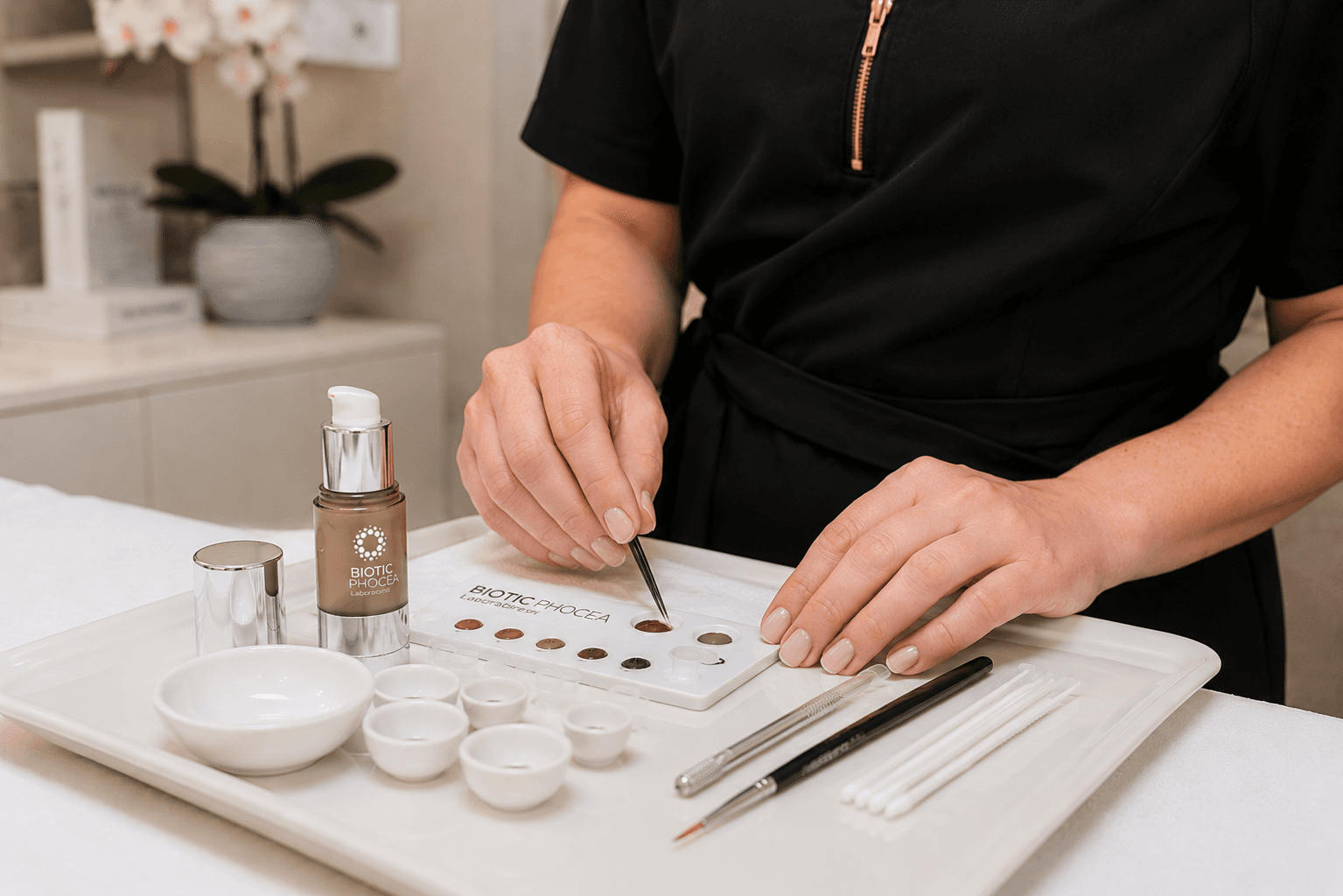 Maria préparant les pigments avant une prestation, gestes précis et matériel professionnel