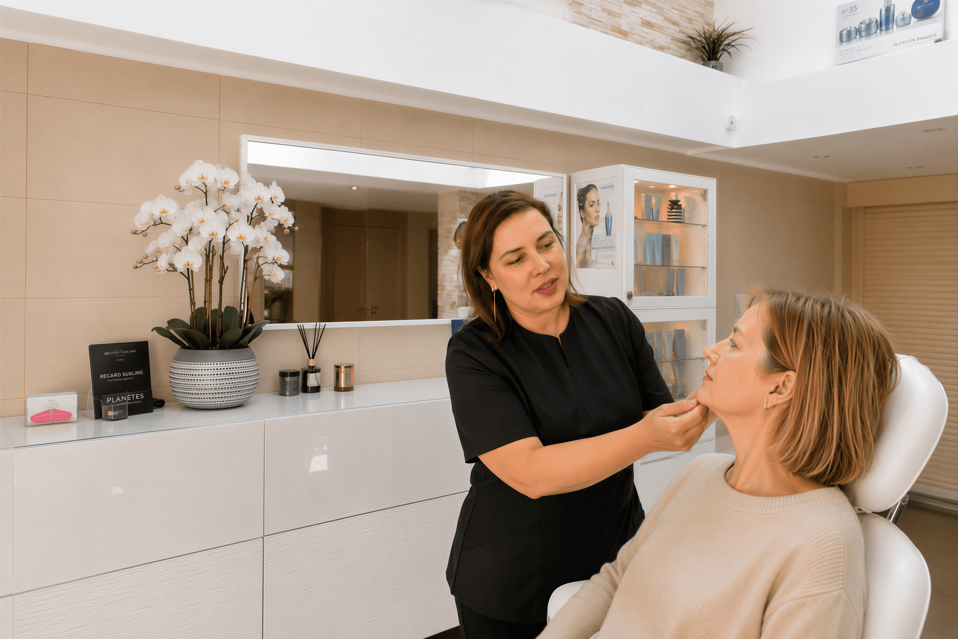 Maria, praticienne, ajustant un soin visage pour une cliente dans l'institut Regard Sublime